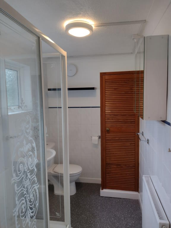 A bathroom with shower and toilet